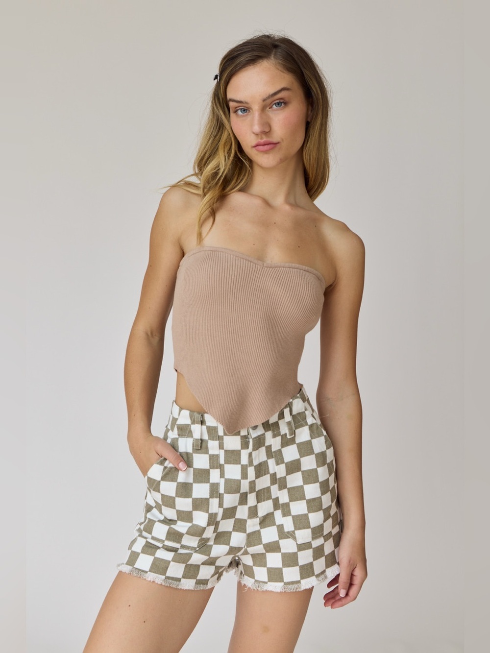 Checkered High-Rise Utility Shorts - Olive/White - 561-565